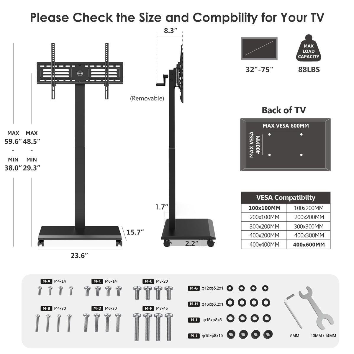 Hand Crank Lift TV Stand with Wheels for 32-75 Inch TVs, Black I239