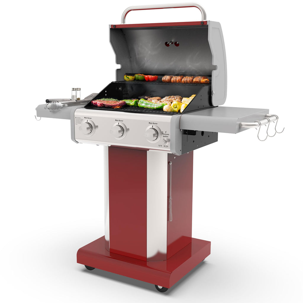 3-Burner Liquid Propane Gas Grill with Folding Sides, Wheels, 30000 BTU, Red V8790