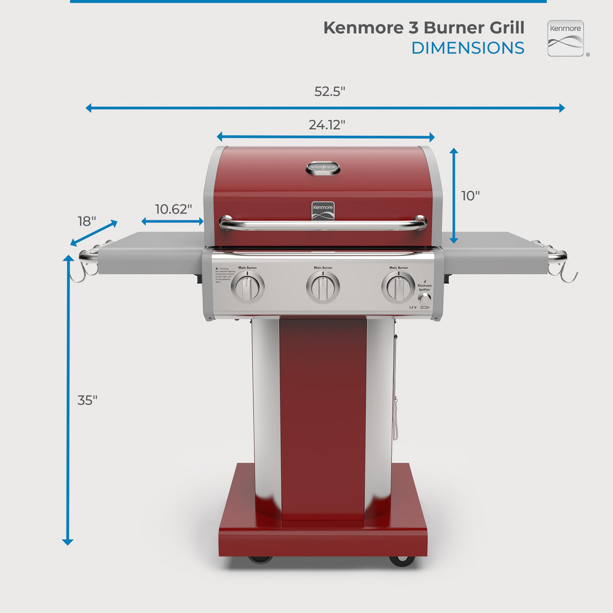 3-Burner Liquid Propane Gas Grill with Folding Sides, Wheels, 30000 BTU, Red V8790