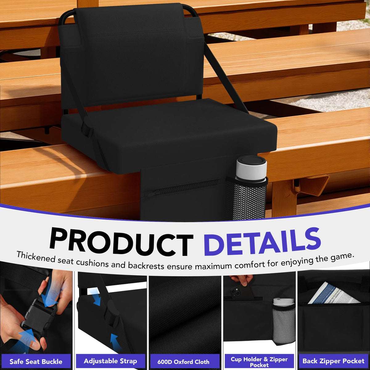 Adjustable Bleacher Chair with Back Support and Cup Holder Y761100