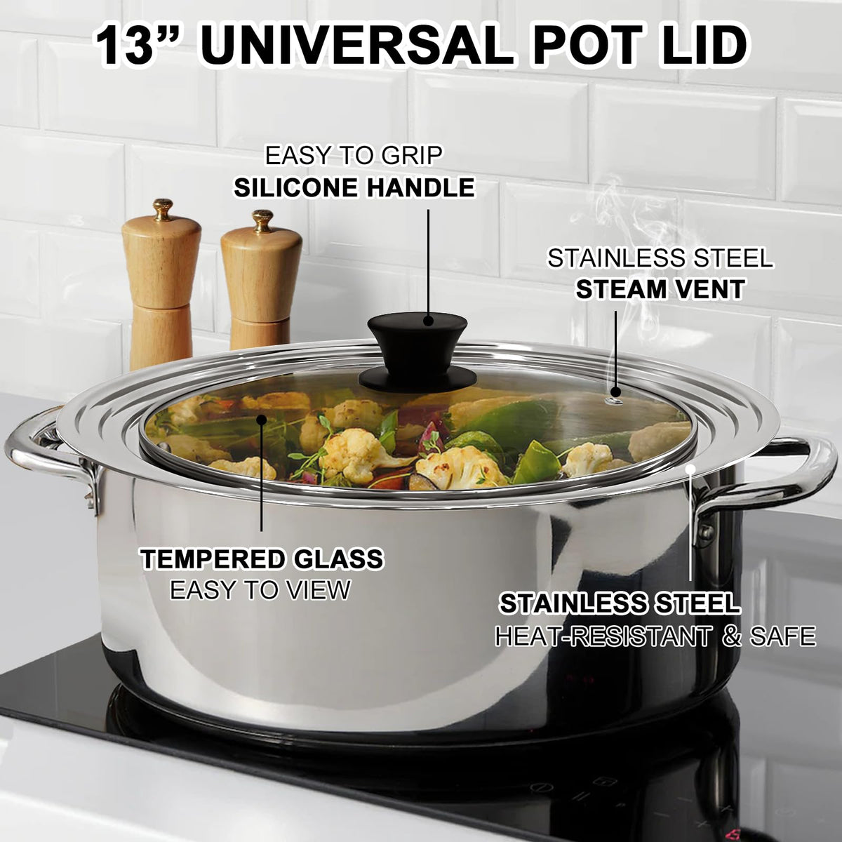 13 Inch Stainless Steel and Tempered Glass Pan Lid H8062
