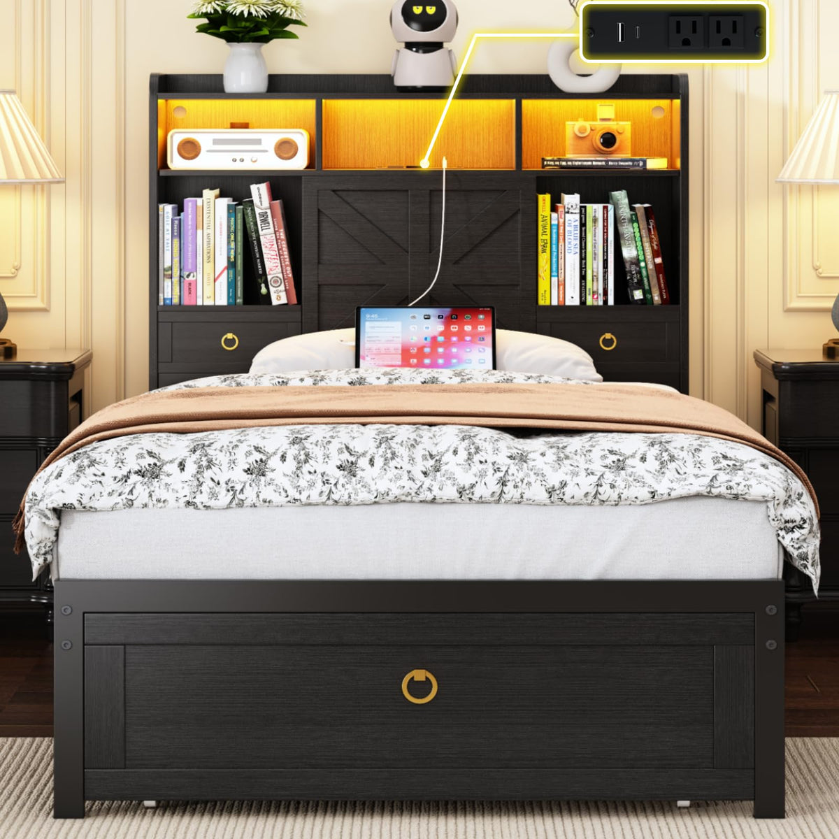 Black Twin Bed Frame with Storage Headboard and Drawers K4628