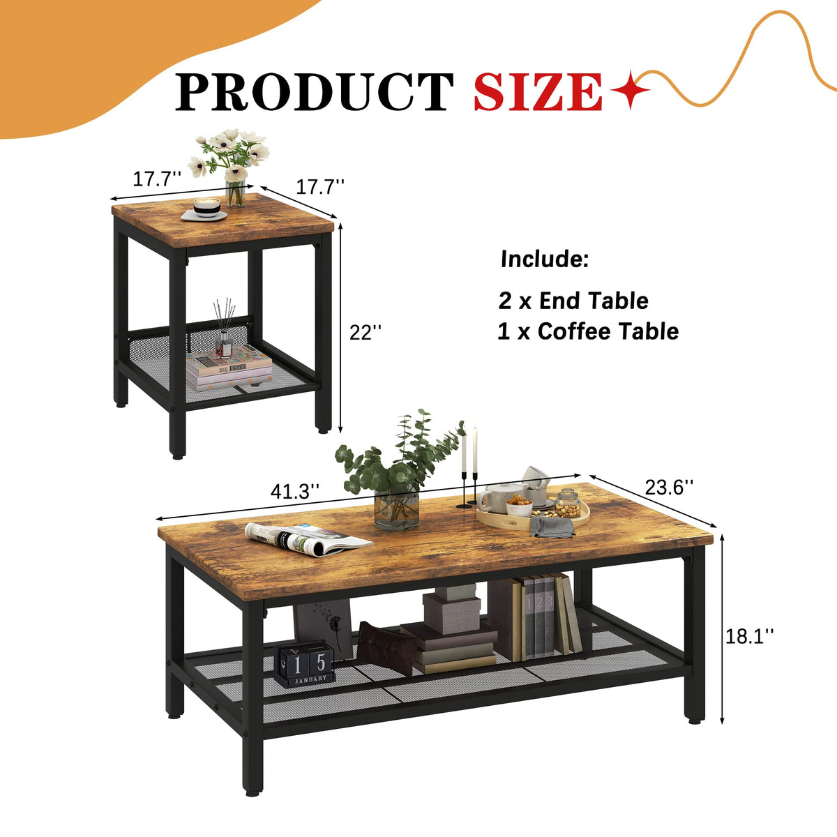 3 Pieces Coffee Table Set with 2 End Side Tables I153