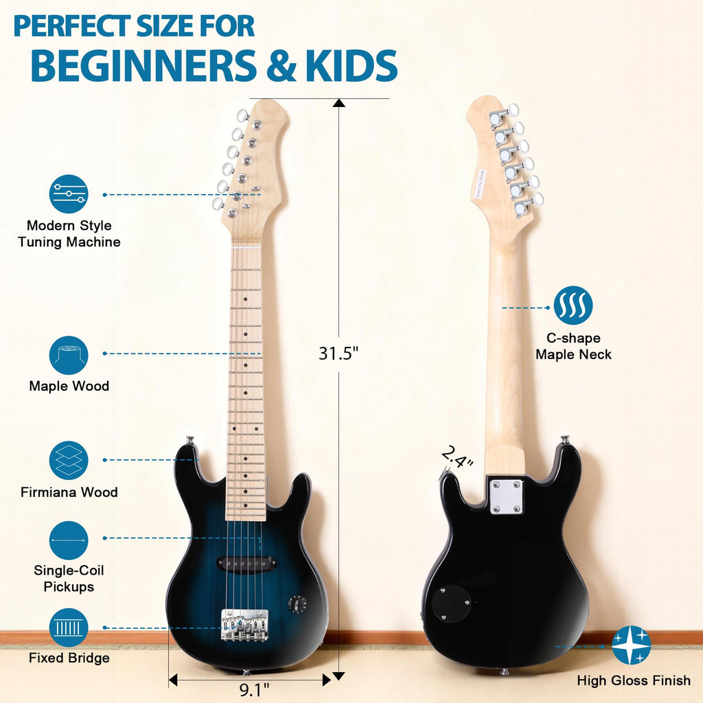 30 Inch Blue Solid Wood Electric Guitar Starter Kit with Amplifier I785
