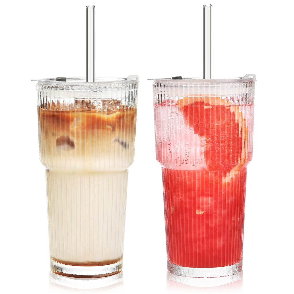 20 oz Ribbed Glass Tumbler with Lids and Straws, Pack of 2 T466
