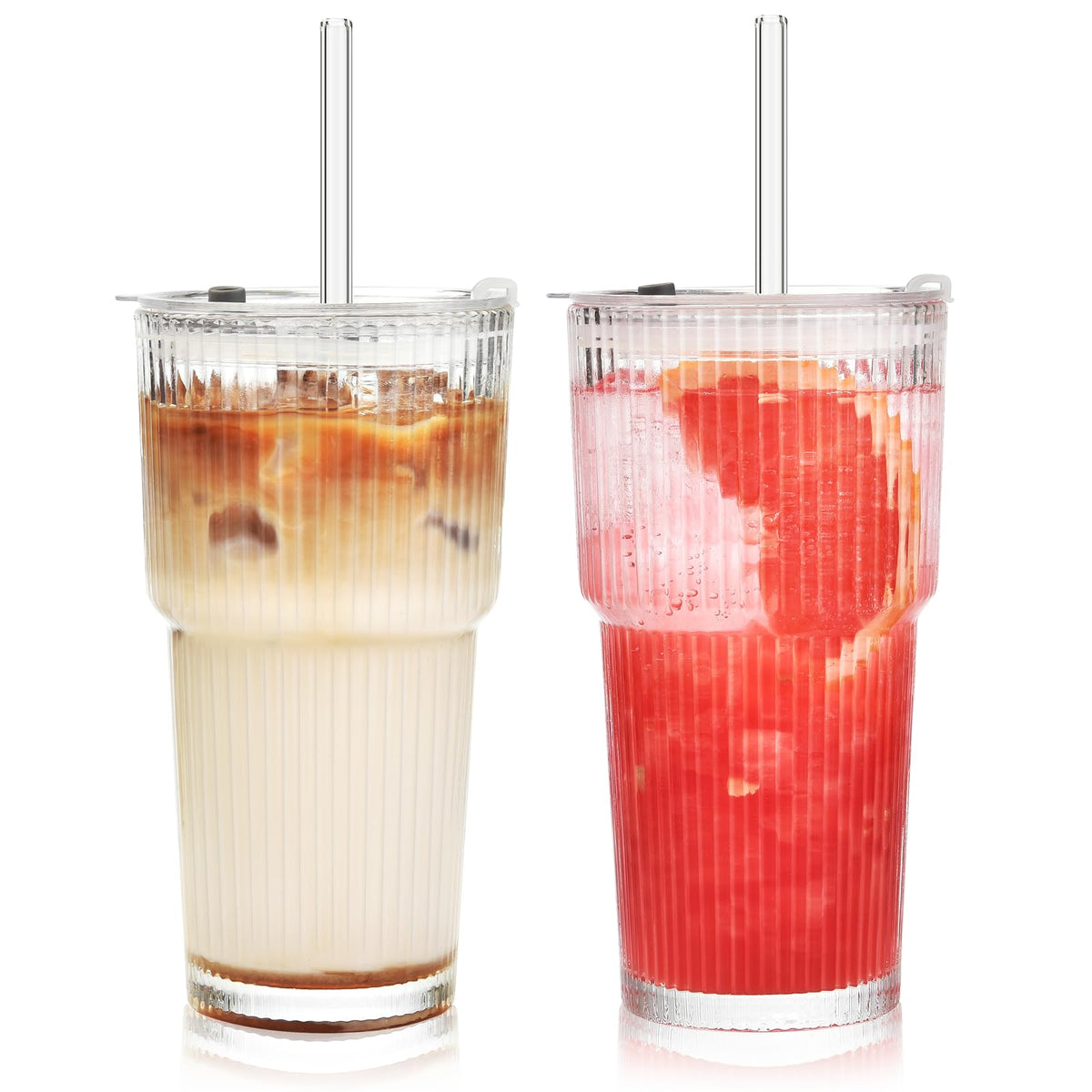 20 oz Ribbed Glass Tumbler with Lids and Straws, Pack of 2 T466