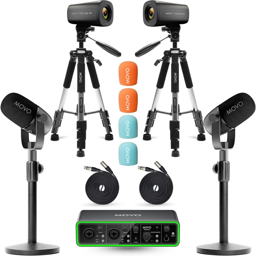 USB Audio Interface 2 XLR Dynamic Microphones 2 4K UHD Cameras Podcast Equipment Bundle A5555