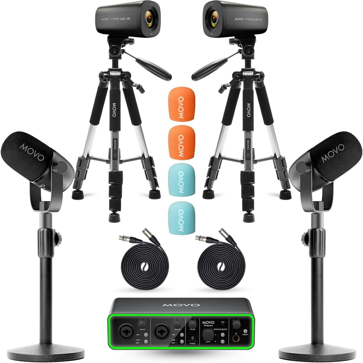 USB Audio Interface 2 XLR Dynamic Microphones 2 4K UHD Cameras Podcast Equipment Bundle A5555