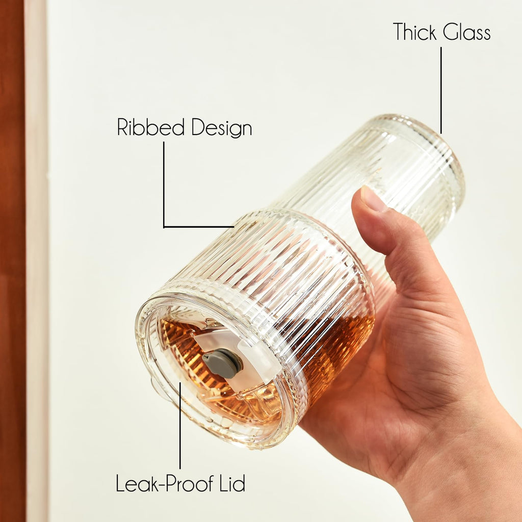 20 oz Ribbed Glass Tumbler with Lids and Straws, Pack of 2 T466