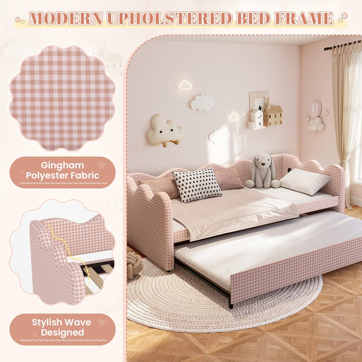 Pink Gingham Twin Size Daybed with Trundle W23381