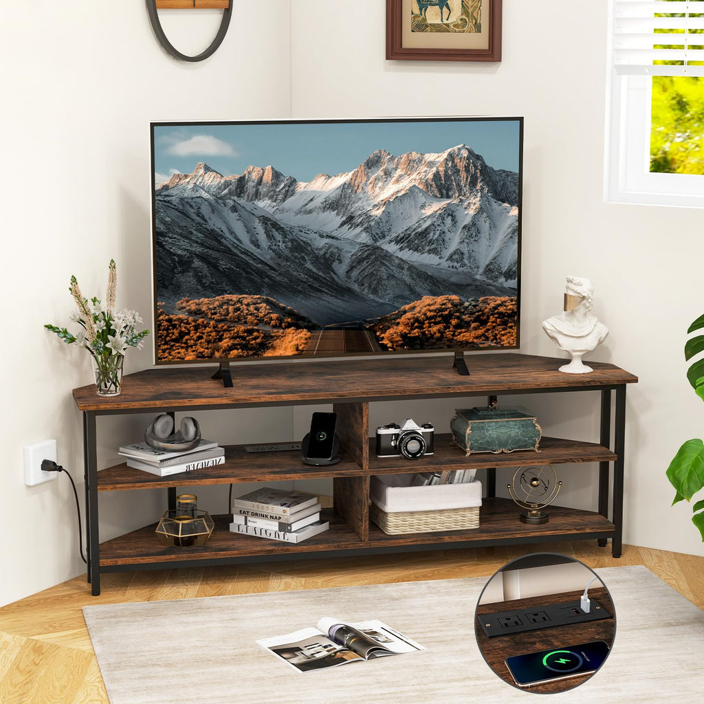 Corner TV Stand for TVs up to 65" with AC Outlets and Storage Shelves O493364