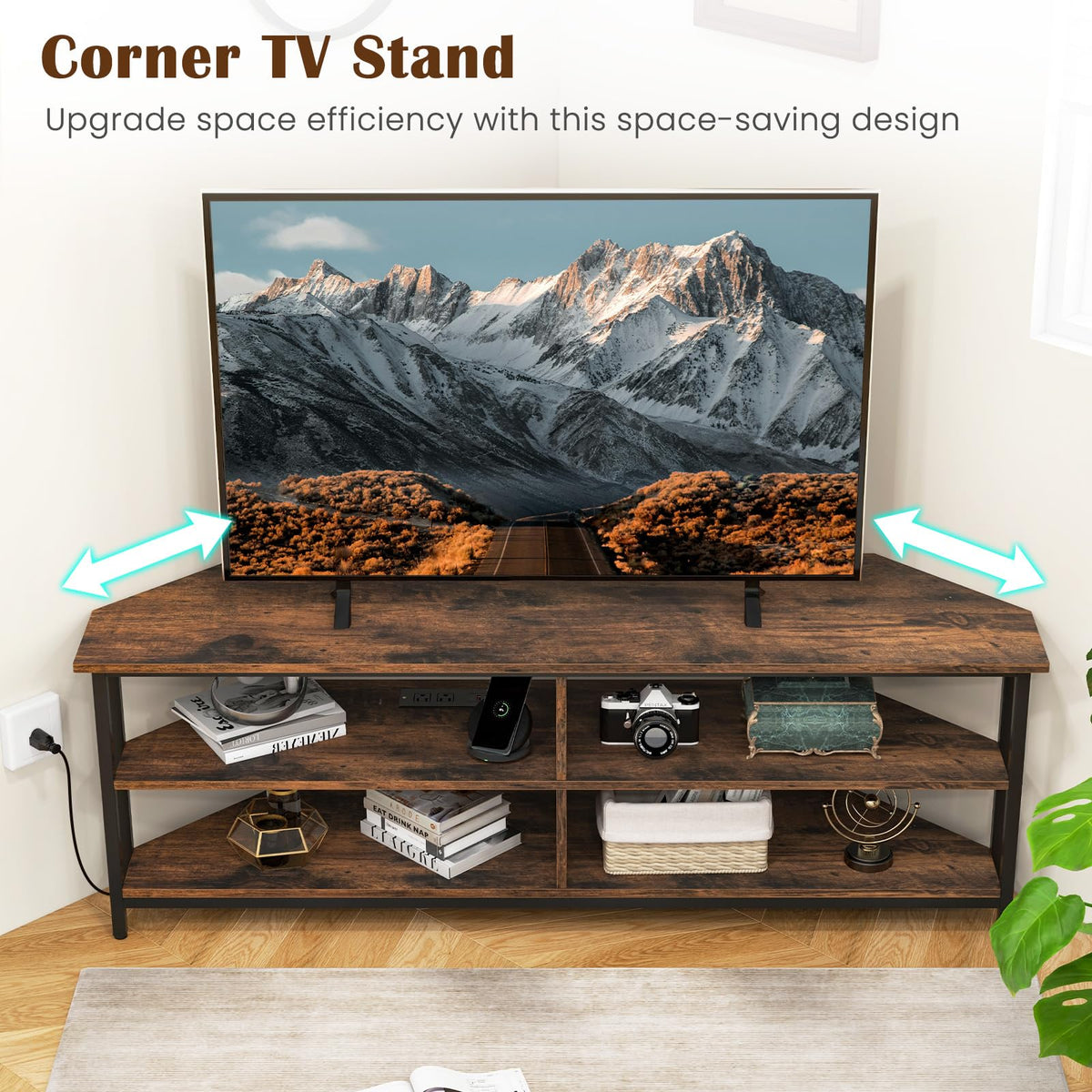Corner TV Stand for TVs up to 65" with AC Outlets and Storage Shelves O493364