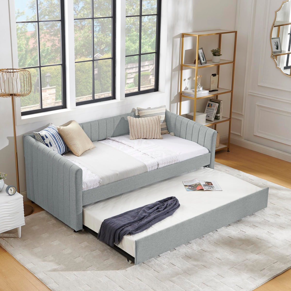 Grey Linen Upholstered Twin Size Daybed with Pop up Trundle A2397