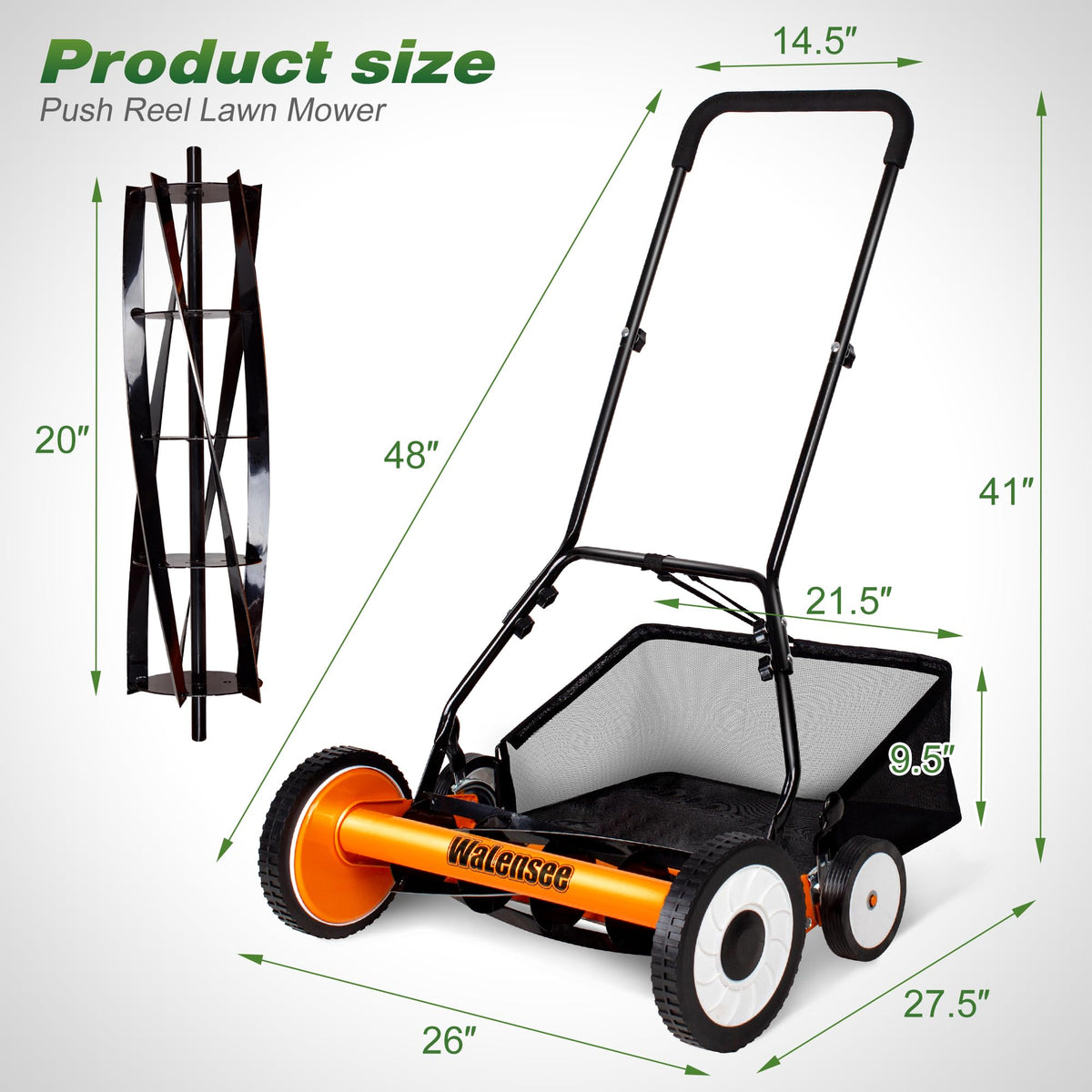 20-Inch 5-Blade Manual Reel Lawn Mower with Grass Catcher A493
