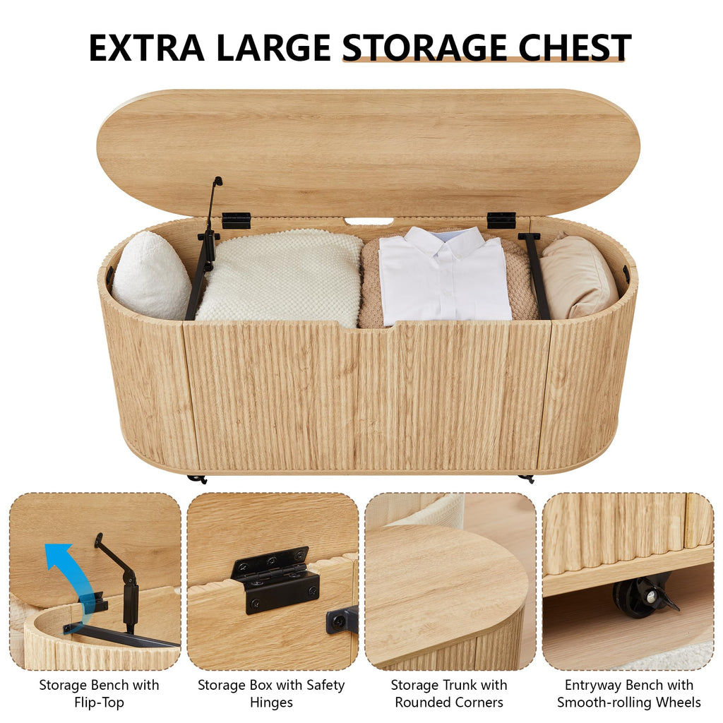 Natural Fluted Storage Bench with 4 Wheels U93916