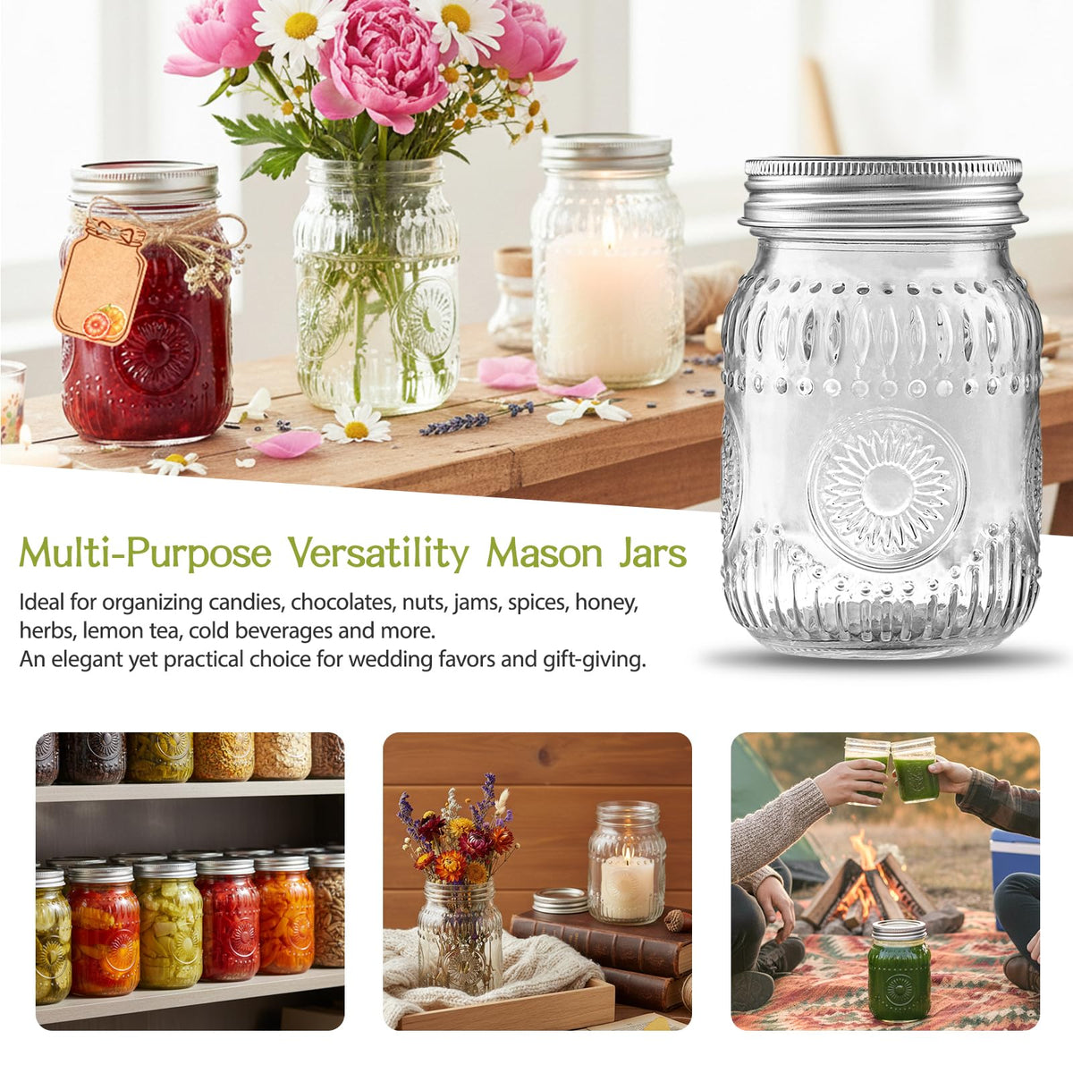 16 oz Embossed Glass Mason Jars 15Pack with Airtight Lids D2646
