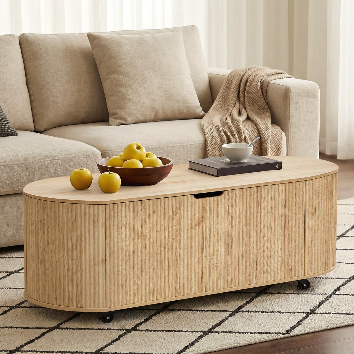 Natural Fluted Storage Bench with 4 Wheels U93916