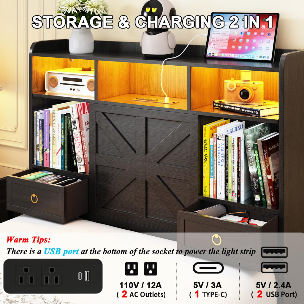 Black Twin Bed Frame with Storage Headboard and Drawers K4628