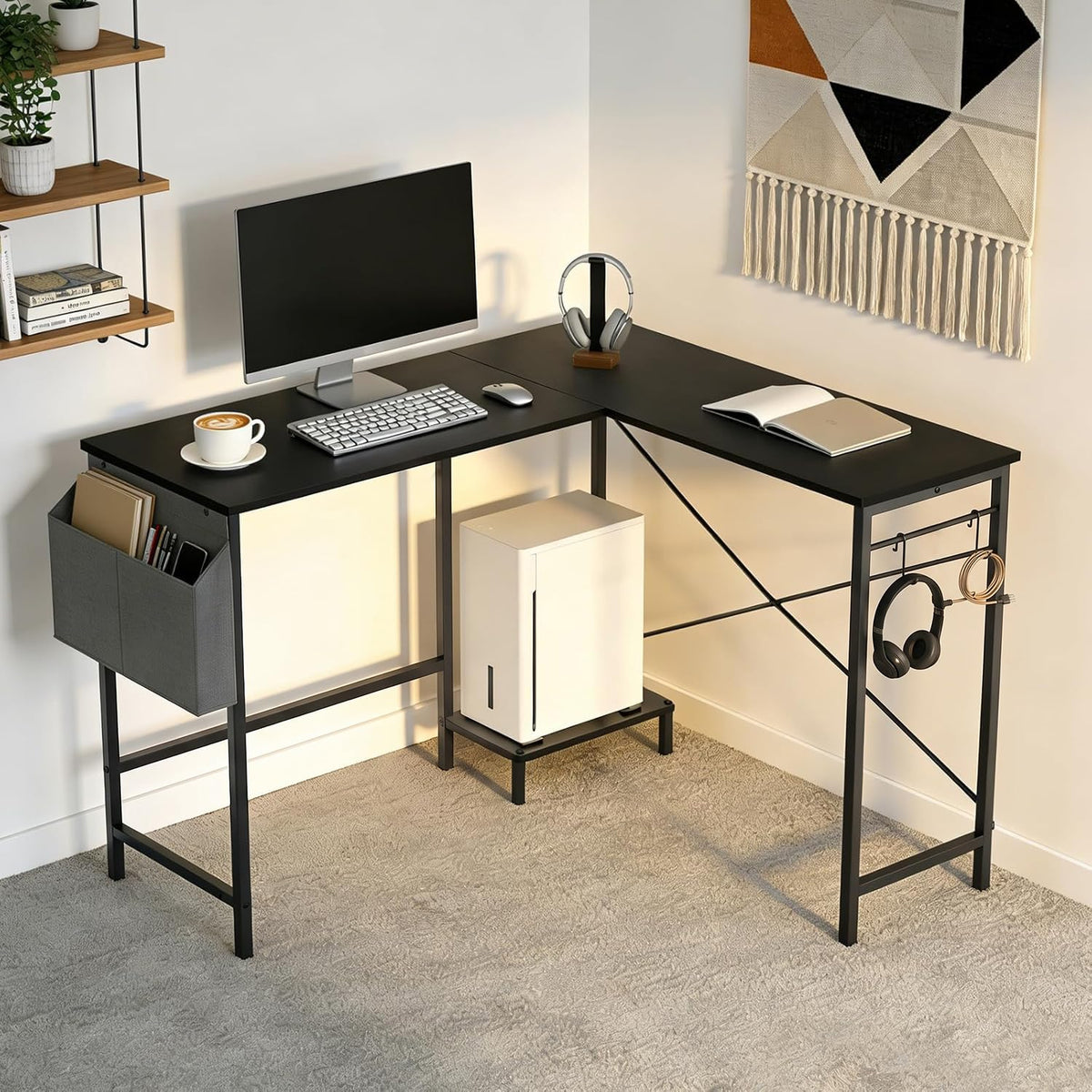 L Shaped 50 Inch Reversible Computer Desk with CPU Stand T6695