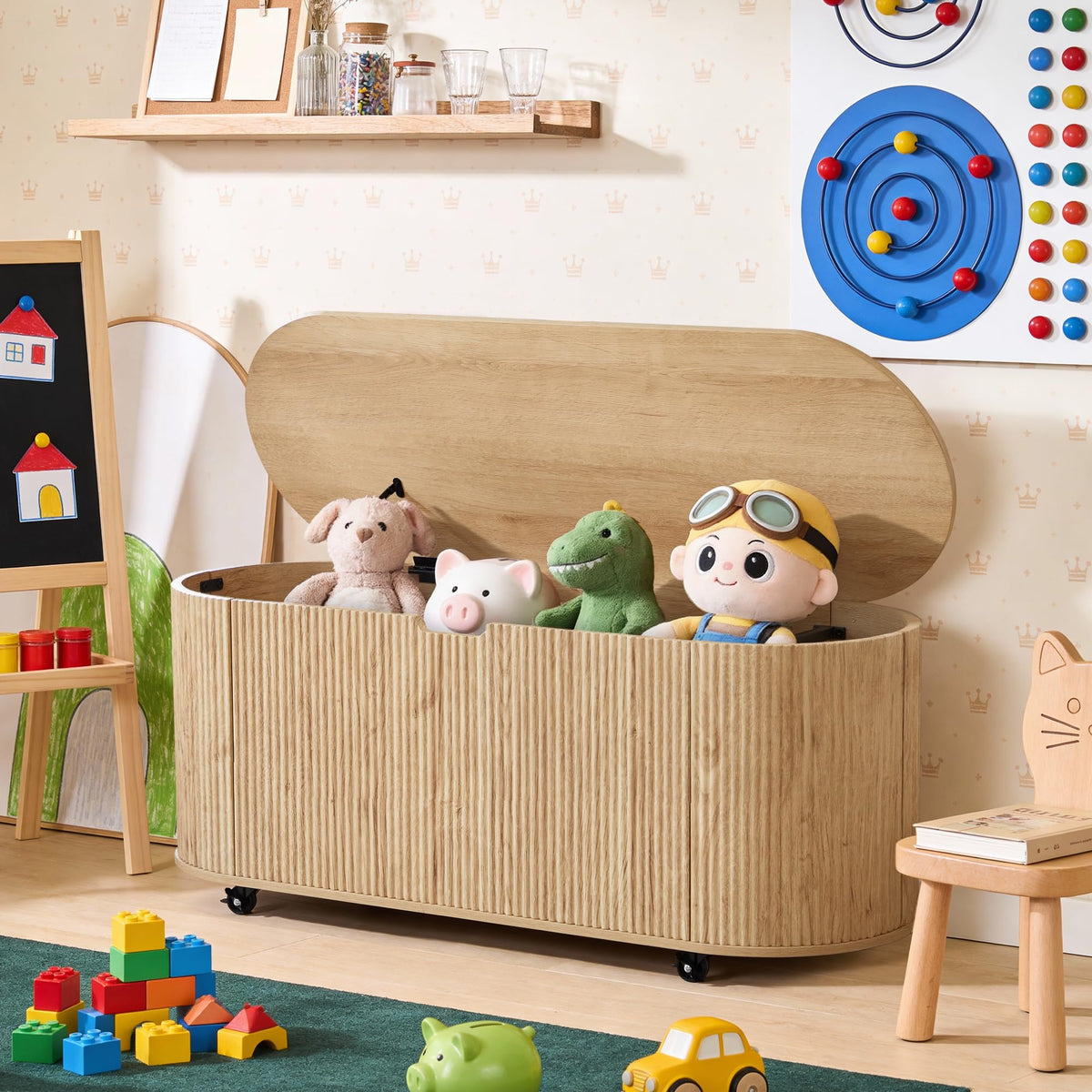 Natural Fluted Storage Bench with 4 Wheels U93916