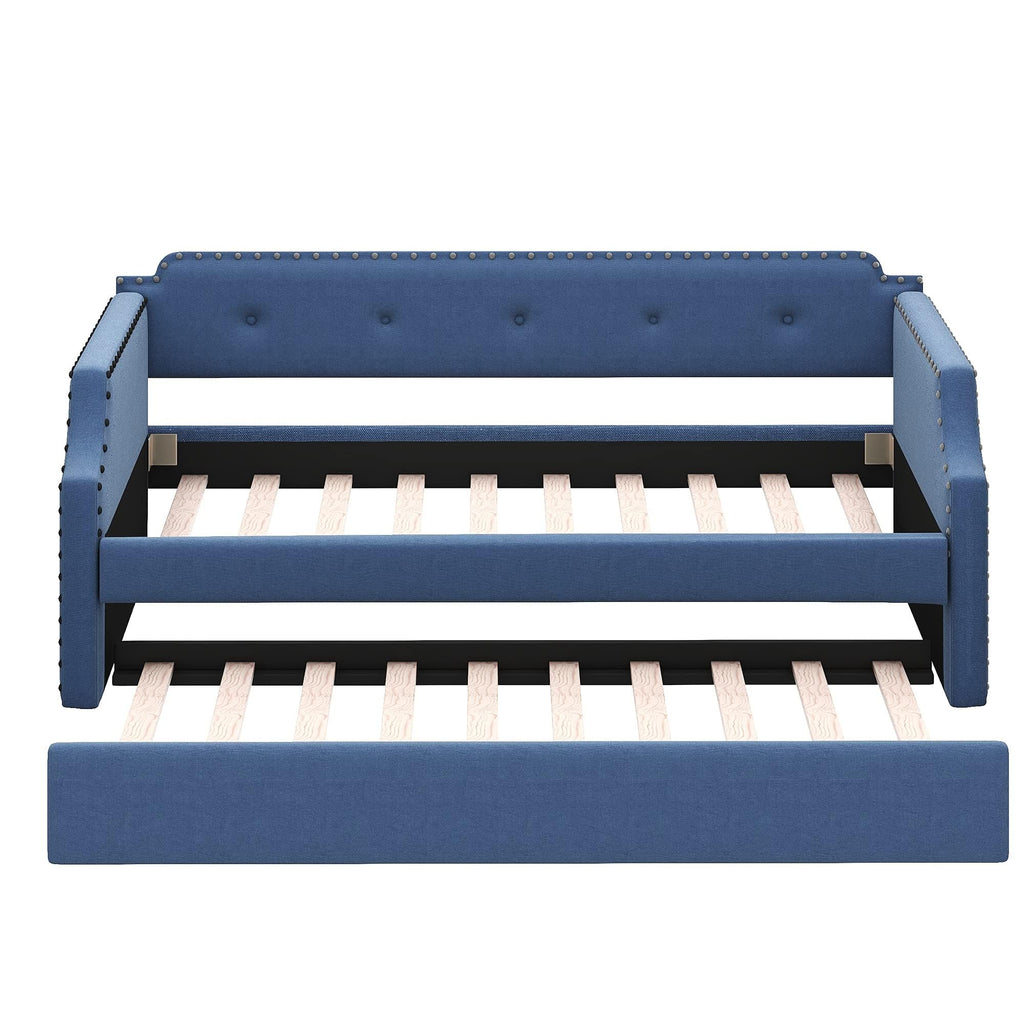 Blue Linen Fabric Upholstered Twin Daybed with Trundle B38270