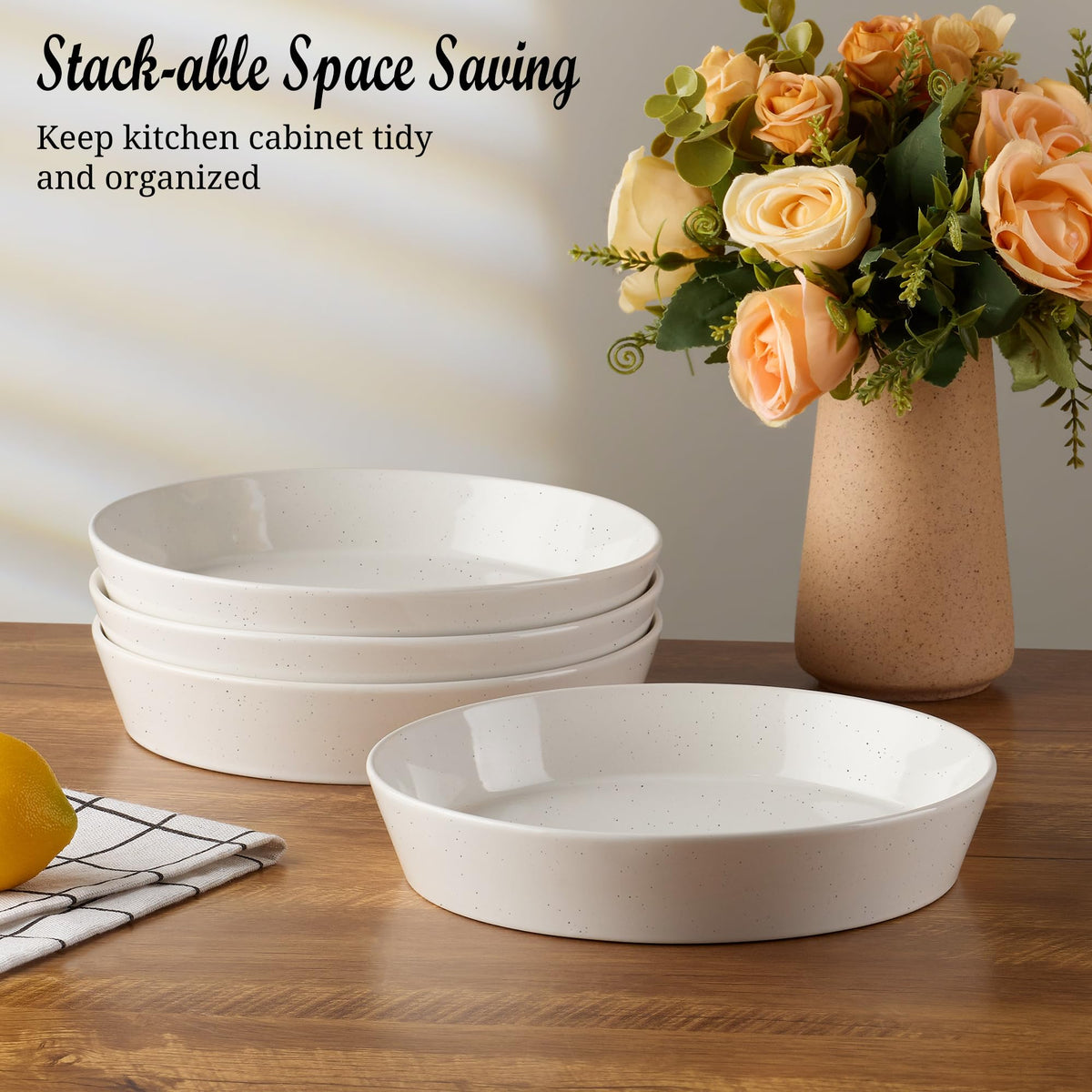 34oz Stoneware Pasta Bowls Set of 4 Speckled White G228
