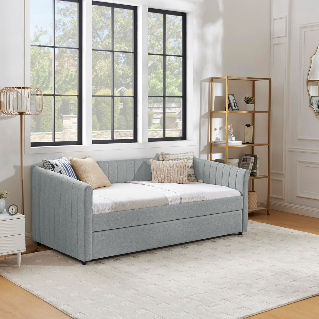 Grey Linen Upholstered Twin Size Daybed with Pop up Trundle A2397