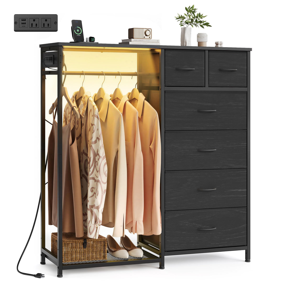 Dresser with Hanging Rod, Closet Organizer with 6 Fabric Drawers D2078