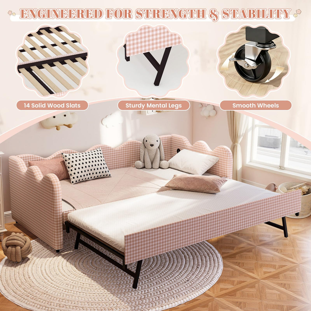 Pink Gingham Twin Size Daybed with Trundle W23381