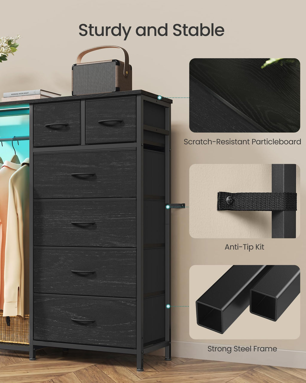 Dresser with Hanging Rod, Closet Organizer with 6 Fabric Drawers D2078