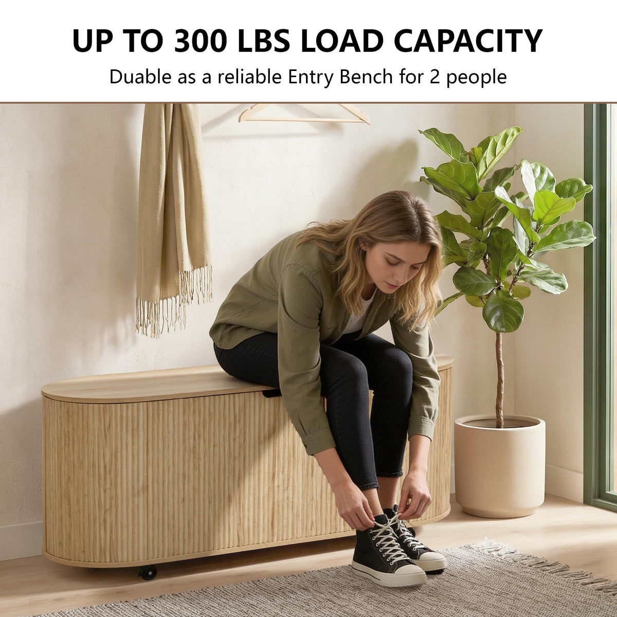 Natural Fluted Storage Bench with 4 Wheels U93916