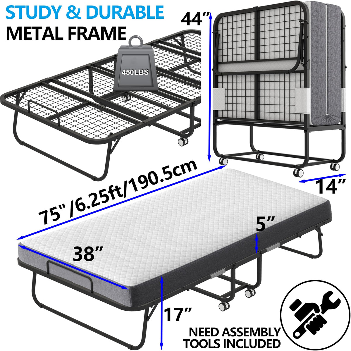 Folding Bed with 5" Memory Foam Mattress Twin Size Metal Frame S84350