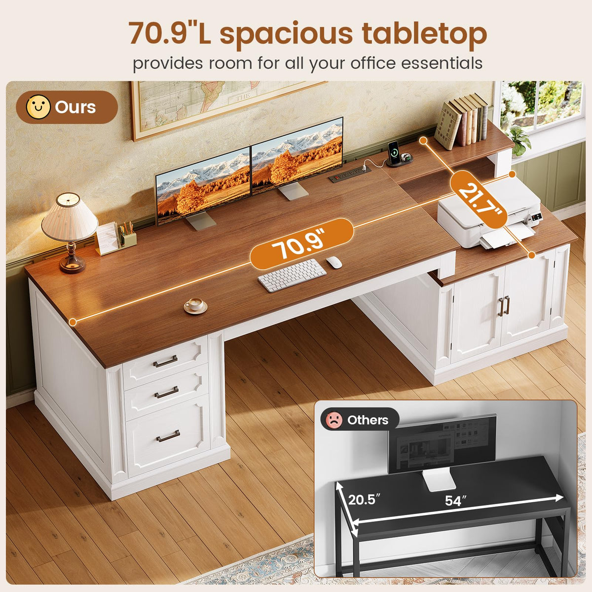 70.9" Executive Desk with File Drawers and Storage Cabinet W868