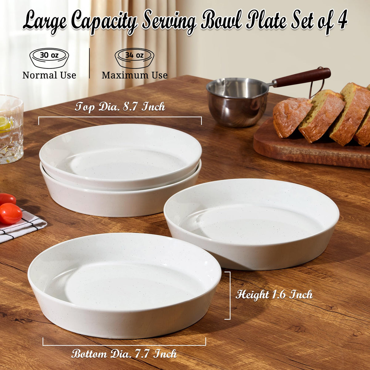 34oz Stoneware Pasta Bowls Set of 4 Speckled White G228
