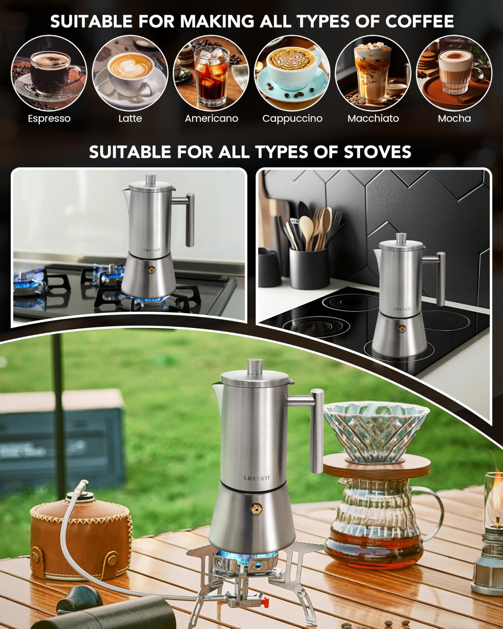 6 Cup Stainless Steel Stovetop Moka Pot J144