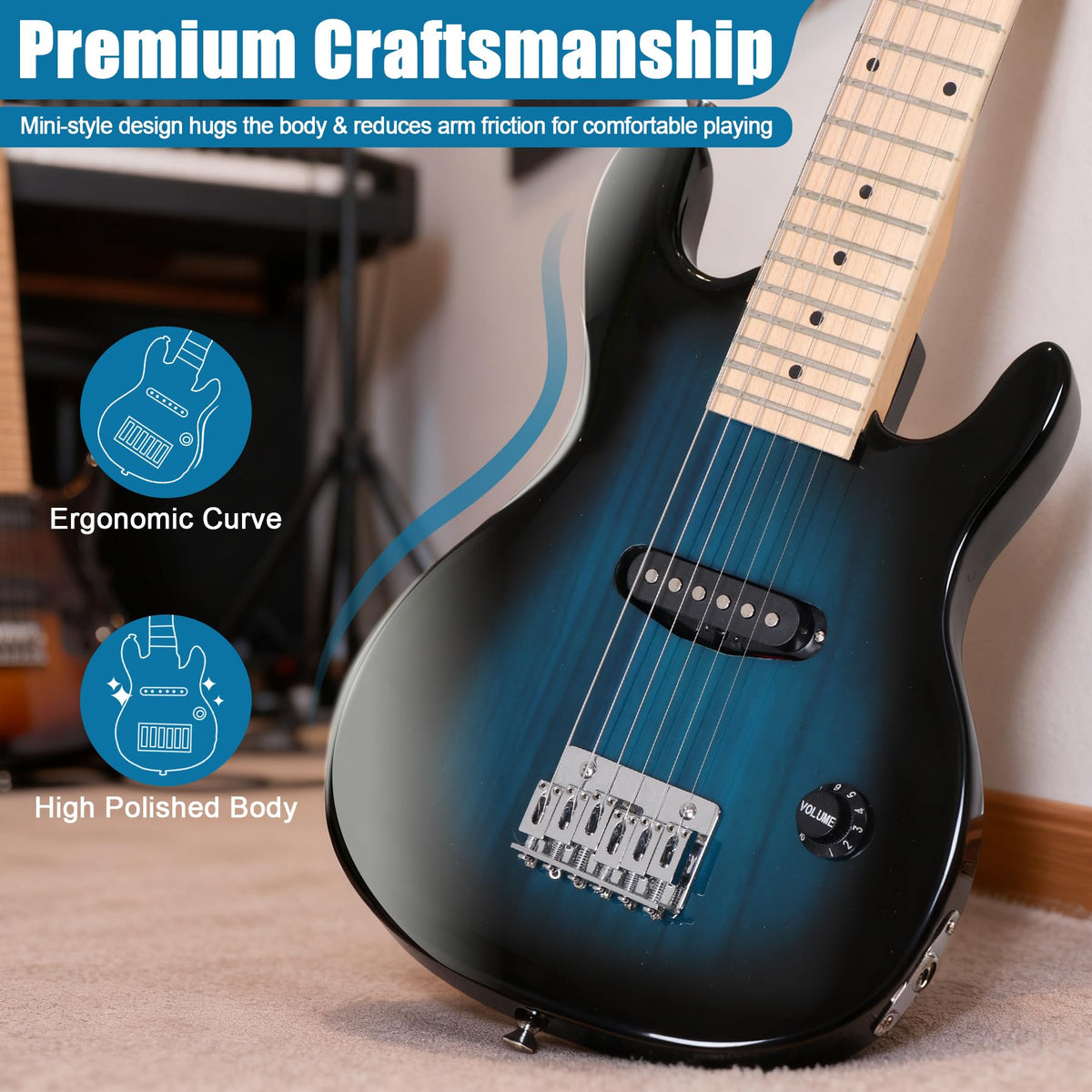 30 Inch Blue Solid Wood Electric Guitar Starter Kit with Amplifier I785