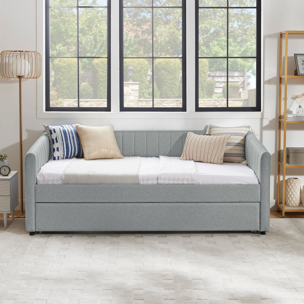 Grey Linen Upholstered Twin Size Daybed with Pop up Trundle A2397
