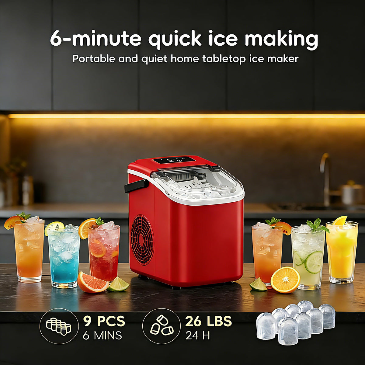 Portable Countertop Ice Maker with Self-Cleaning, 26lbs/24H W319