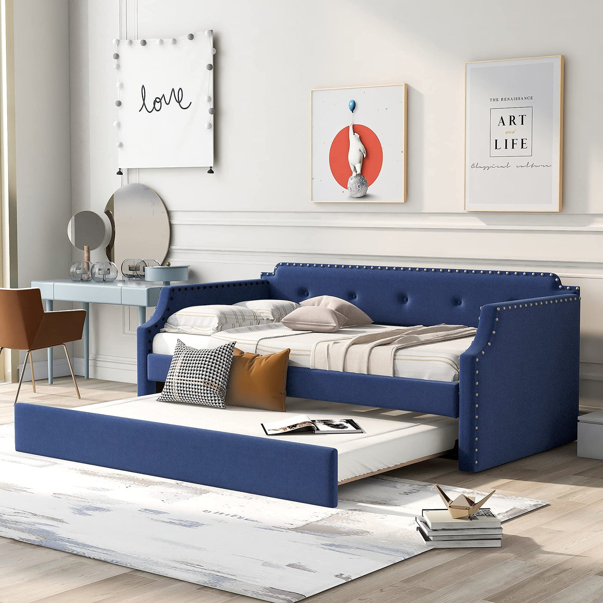 Blue Linen Fabric Upholstered Twin Daybed with Trundle B38270