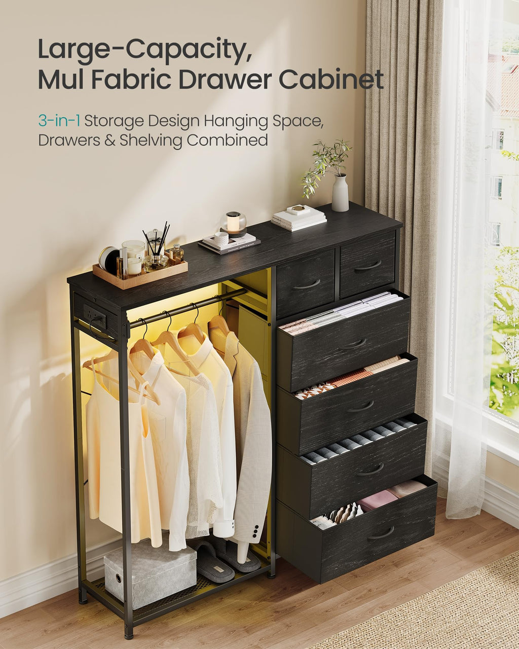 Dresser with Hanging Rod, Closet Organizer with 6 Fabric Drawers D2078