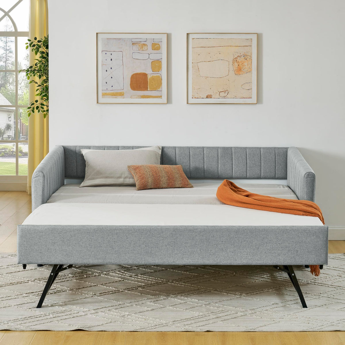 Grey Linen Upholstered Twin Size Daybed with Pop up Trundle A2397