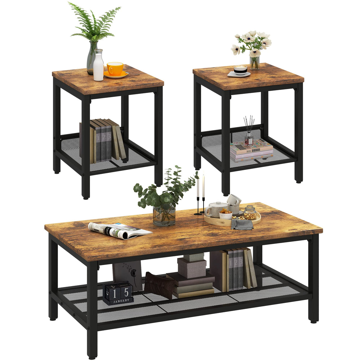 3 Pieces Coffee Table Set with 2 End Side Tables I153