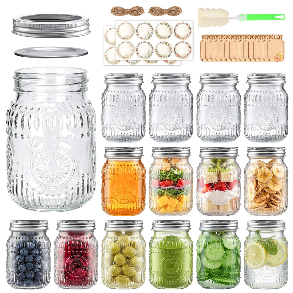 16 oz Embossed Glass Mason Jars 15Pack with Airtight Lids D2646