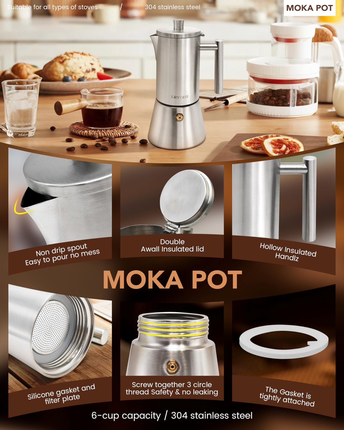 6 Cup Stainless Steel Stovetop Moka Pot J144