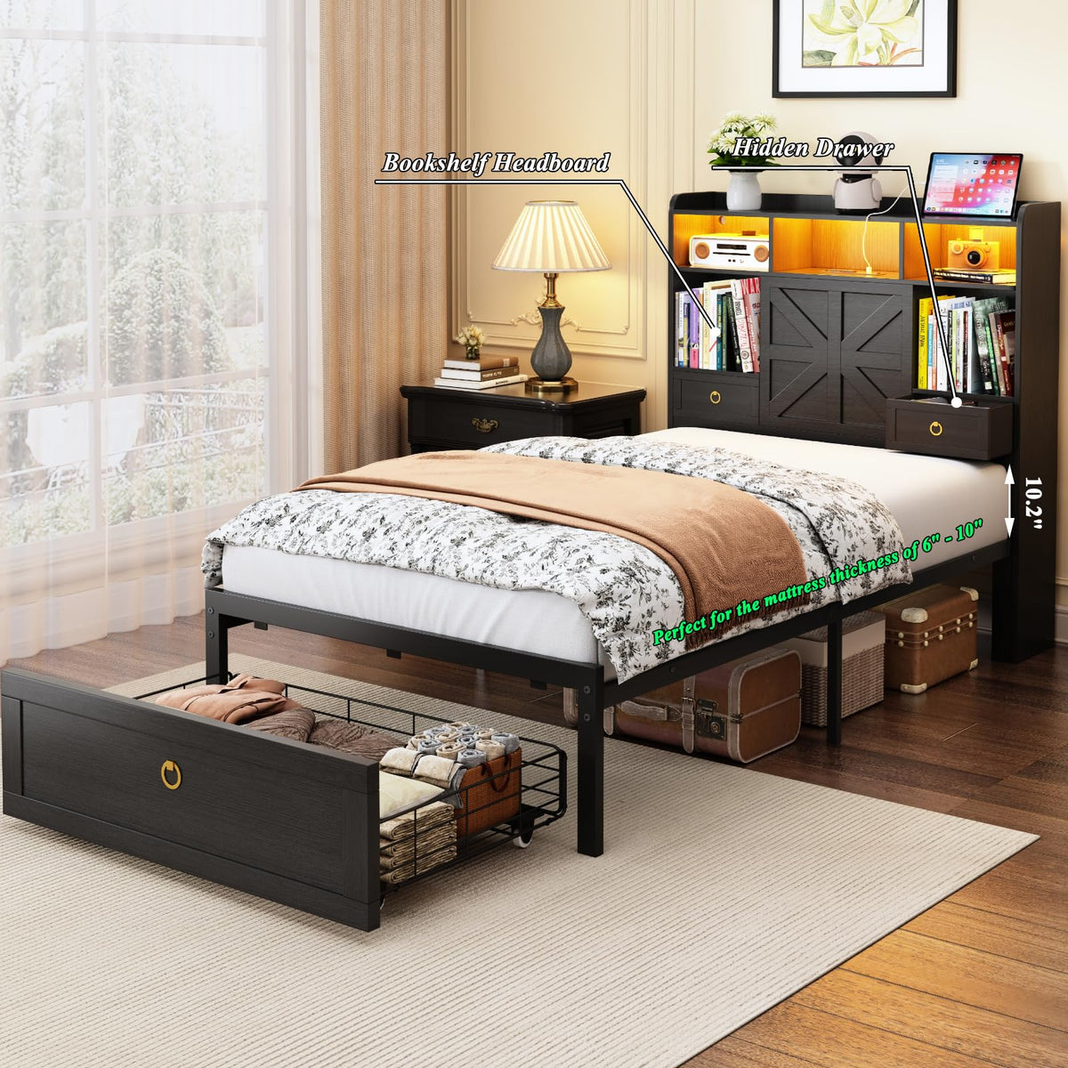 Black Twin Bed Frame with Storage Headboard and Drawers K4628