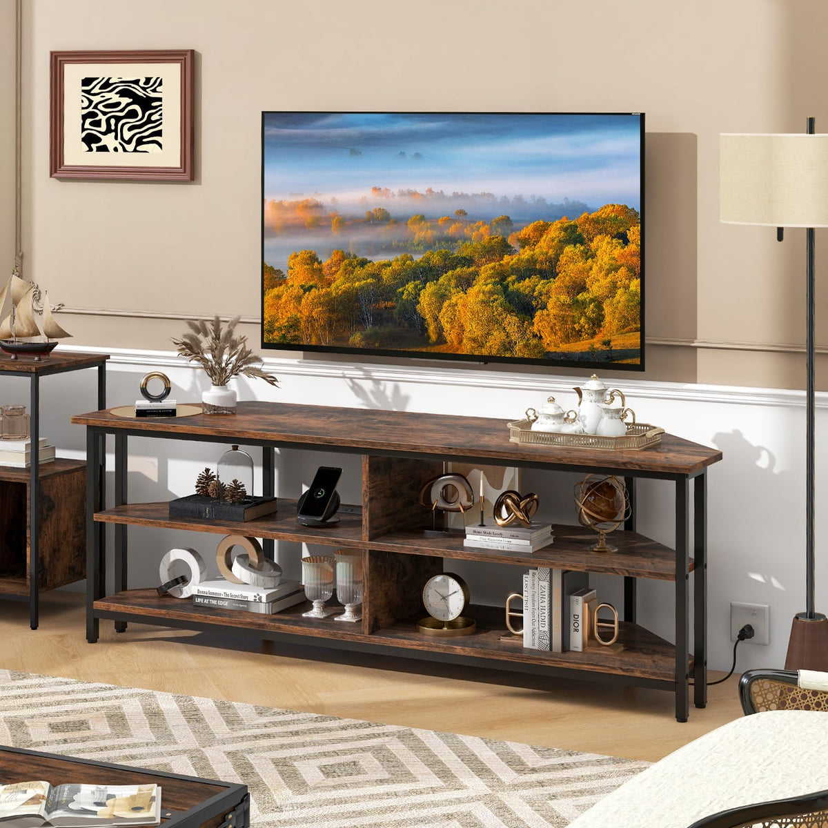 Corner TV Stand for TVs up to 65" with AC Outlets and Storage Shelves O493364