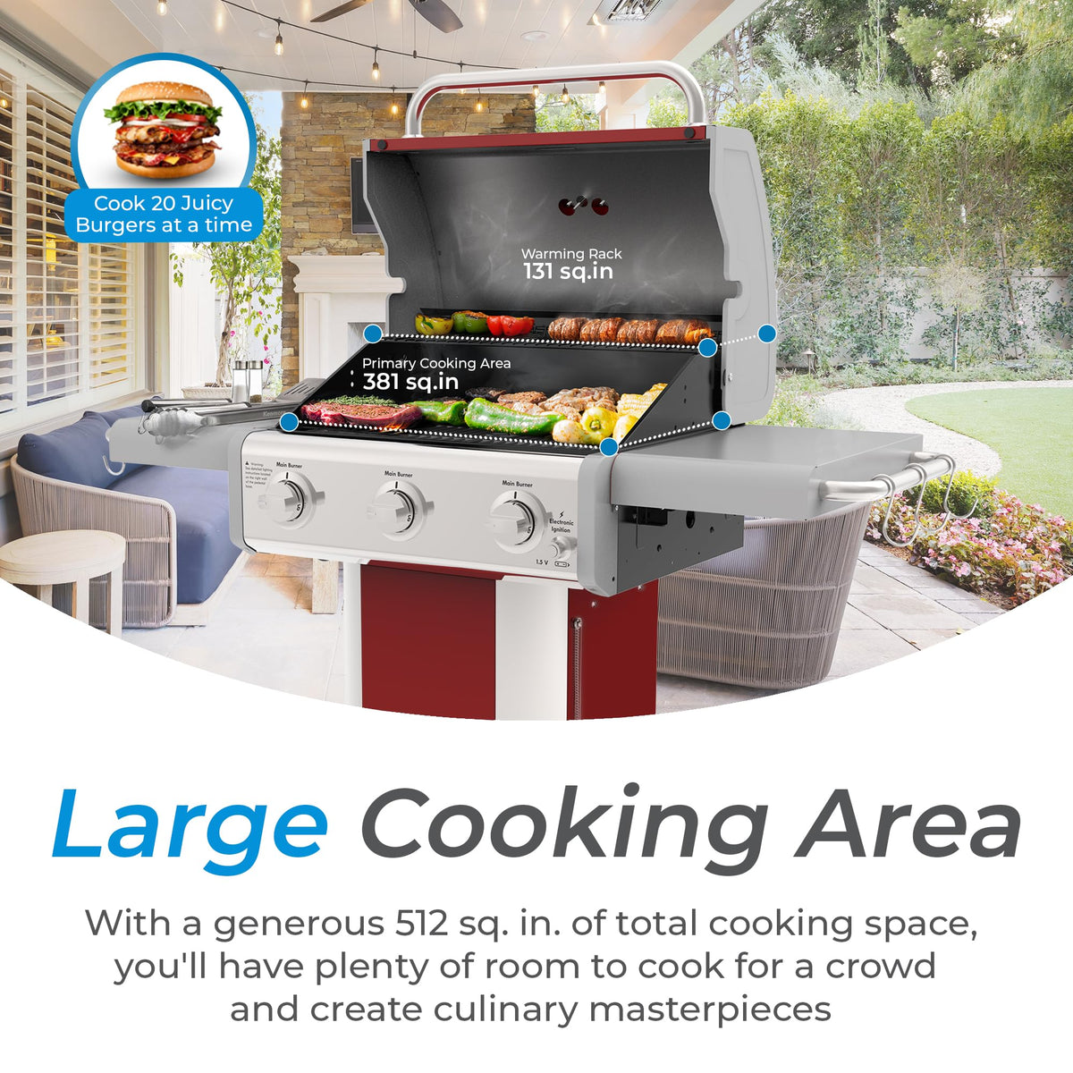 3-Burner Liquid Propane Gas Grill with Folding Sides, Wheels, 30000 BTU, Red V8790