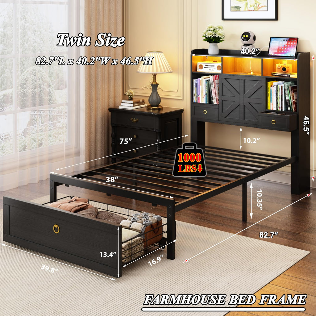 Black Twin Bed Frame with Storage Headboard and Drawers K4628