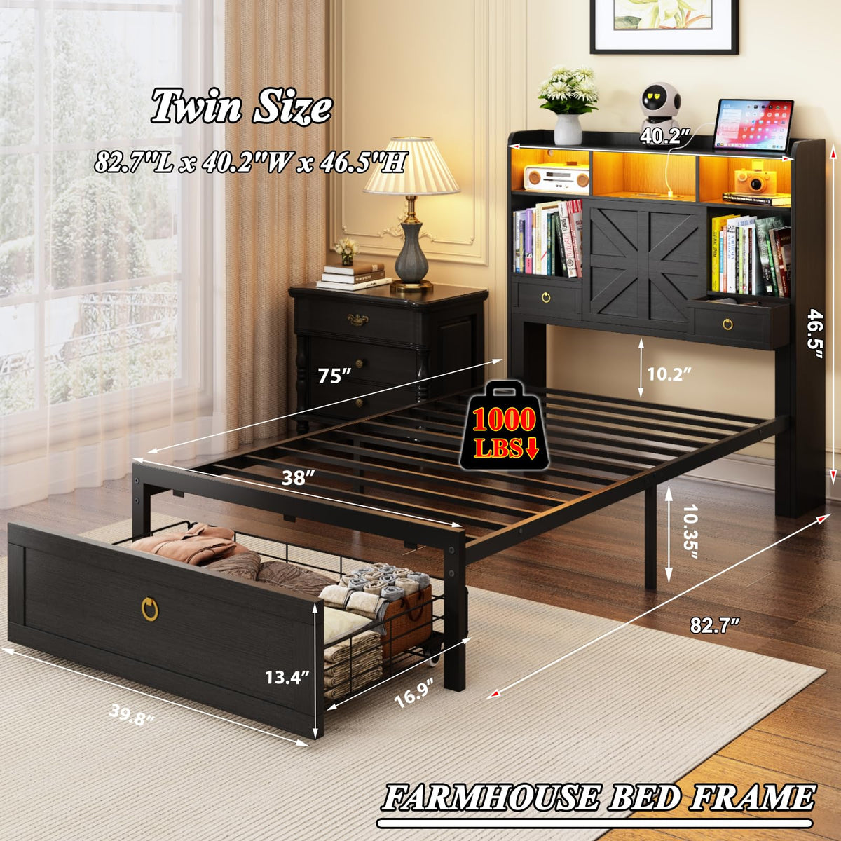 Black Twin Bed Frame with Storage Headboard and Drawers K4628
