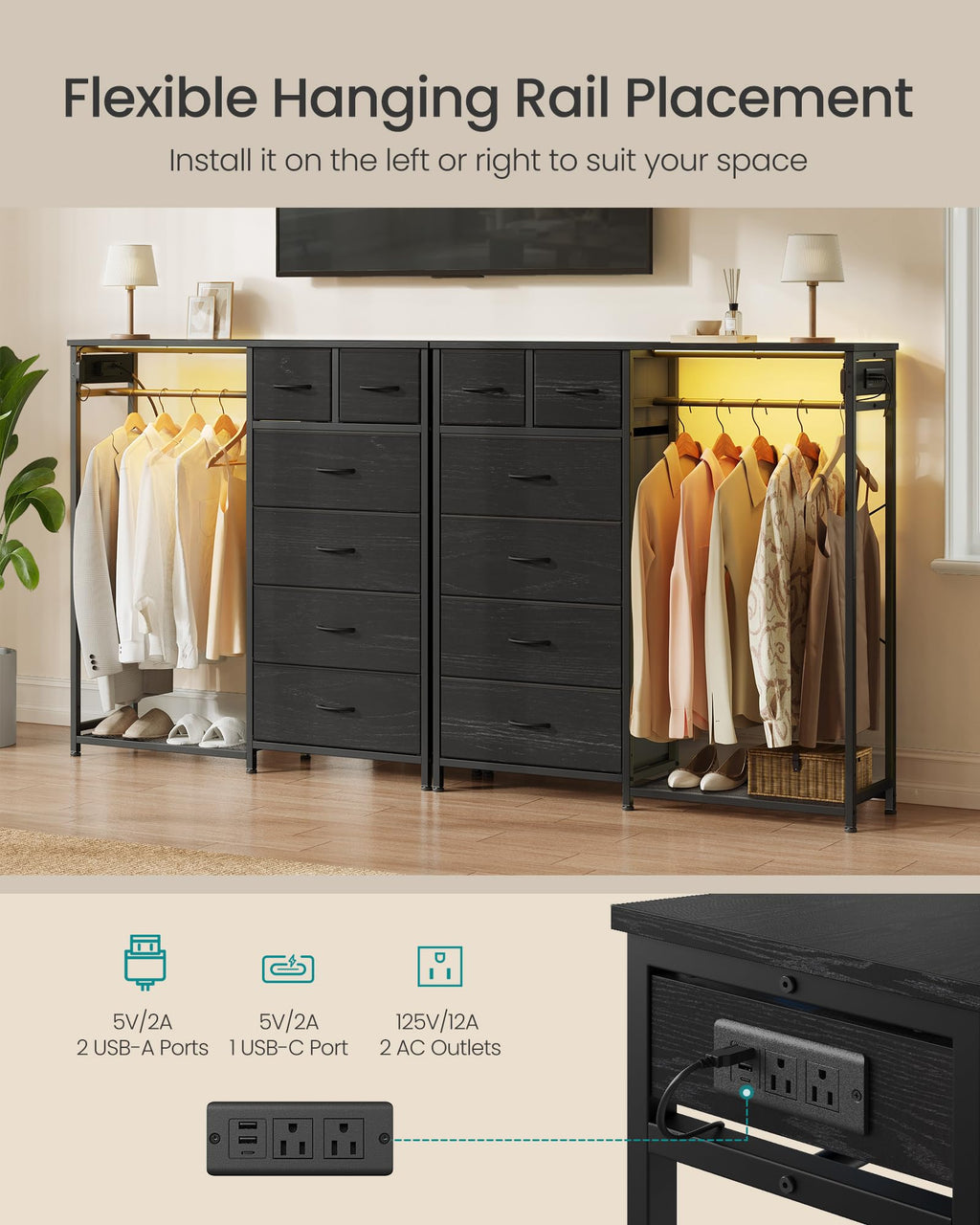 Dresser with Hanging Rod, Closet Organizer with 6 Fabric Drawers D2078